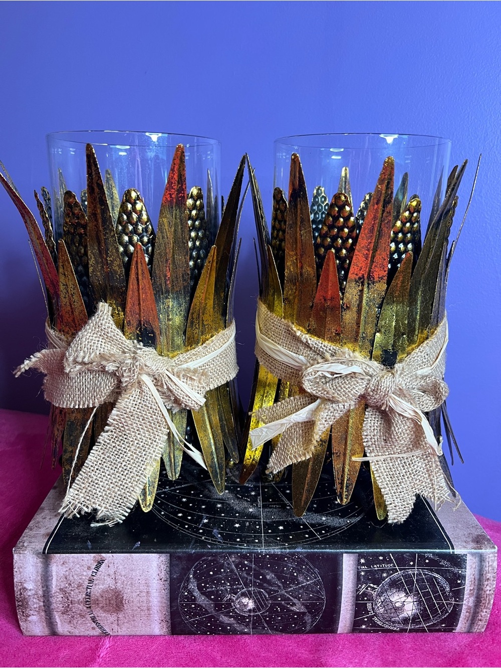 (2) Pier 1 Wheat Hurricane Glass Candle Holders